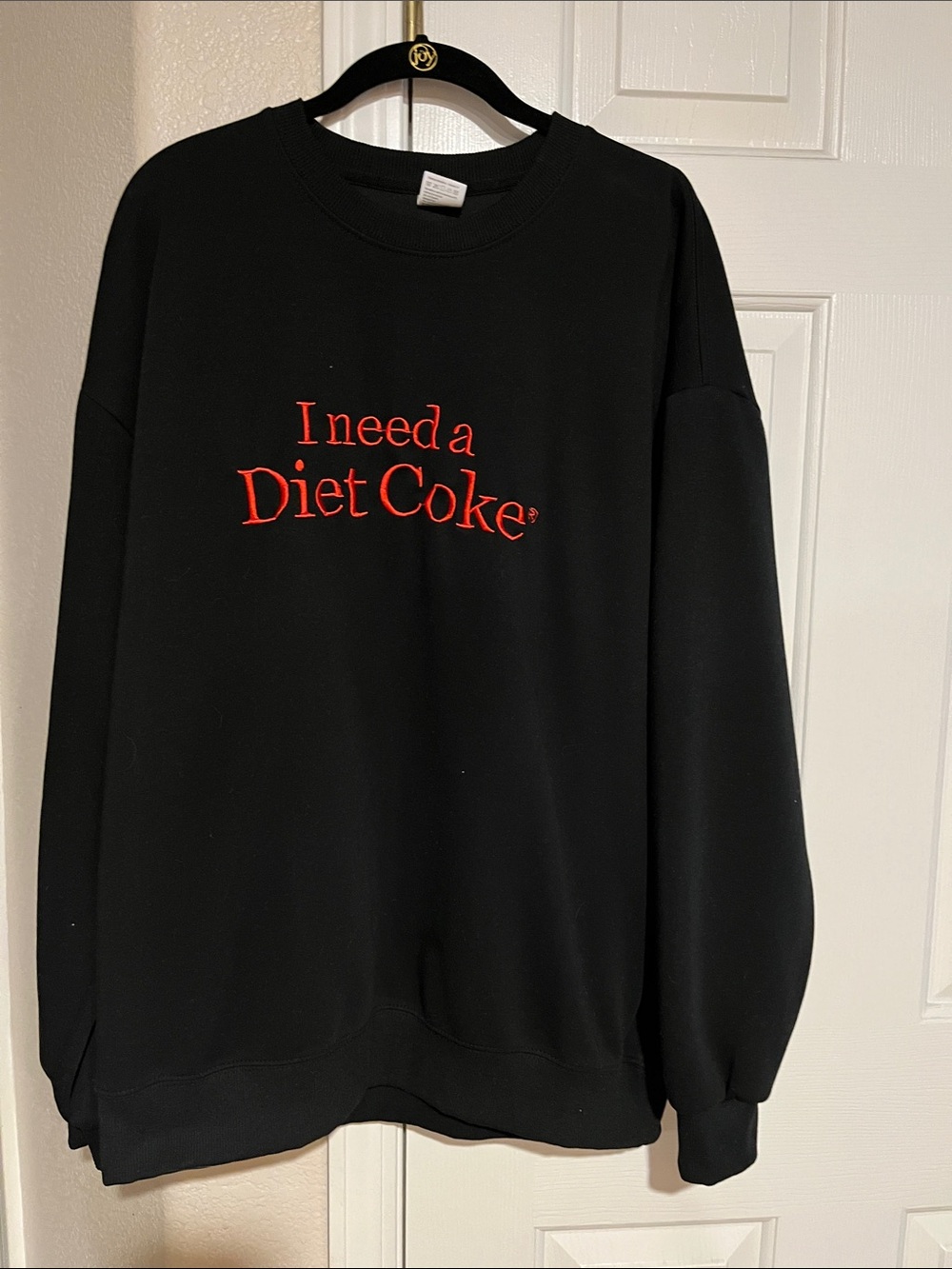 Gildan Black Crewneck Sweatshirt with Red "I need a Diet Coke" Embroidery